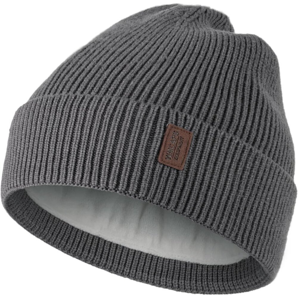 Men's Charcoal Gray Fleece Lined Beanie Soft Winter Warm Ski Stocking Knit Hat